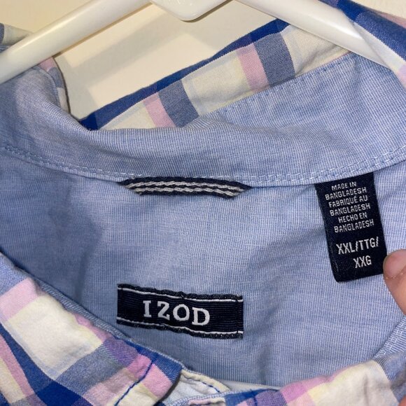 Izod Mens Plaid Short Sleeve Button-Down Shirt XXL Blue White Pink Cotton - Picture 4 of 7